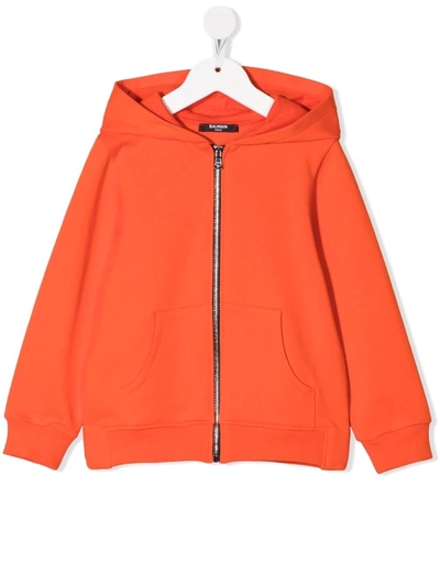 Balmain Kids' Logo-print Zip-up Hoodie In Orange