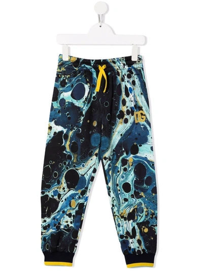 Dolce & Gabbana Kids' Boy's Marble-print Logo Jogger Trousers In Blue