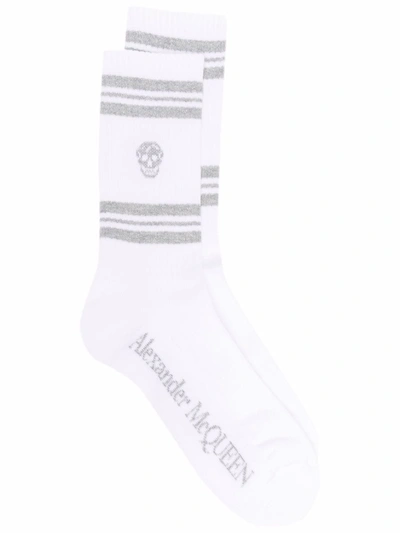 Alexander Mcqueen White & Silver Stripe Skull Socks