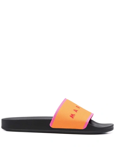 Marni Slide Logo-print Canvas And Rubber Slides In Orange