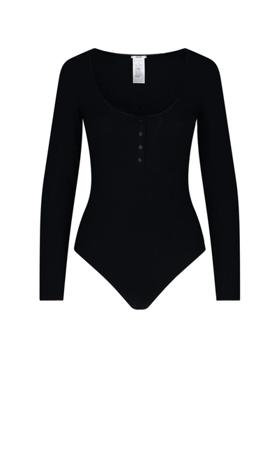 Wolford Henley Ribbed Stretch-modal Thong Bodysuit In Black