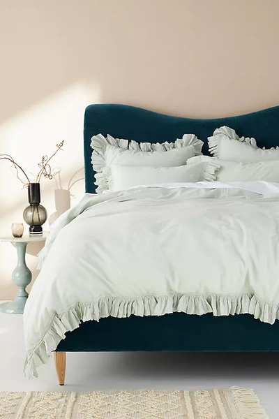 Anthropologie Ruffled Organic Spa Sateen Duvet Cover By  In Green Size Q Top/bed