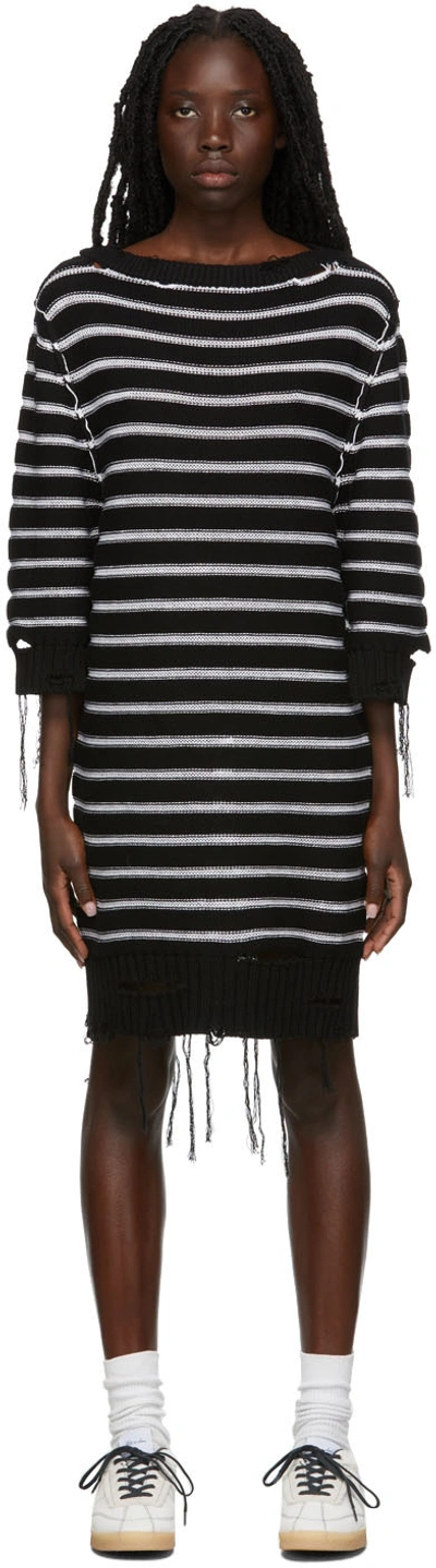 Mm6 Maison Margiela Distressed Striped Cotton And Linen-blend Mini Dress In Black