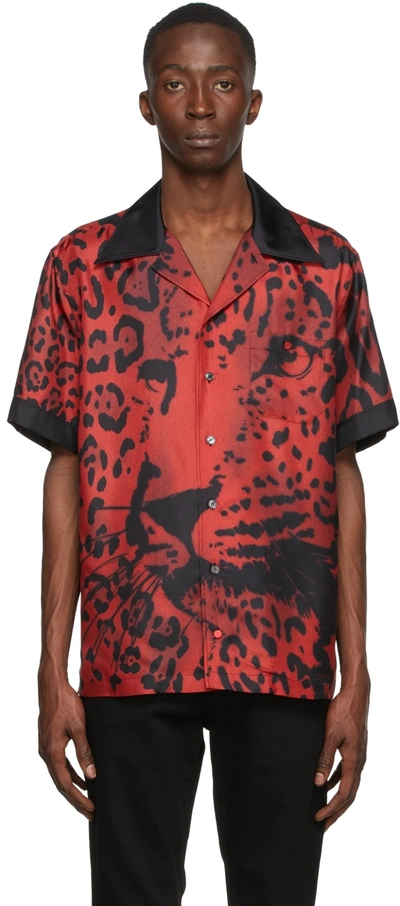Dolce & Gabbana Silk Hawaiian Shirt With Leopard Print In Red