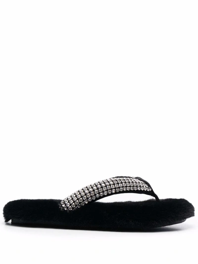 Alexander Wang Motel Faux Fur And Crystal-embellished Satin Flip Flops In Black