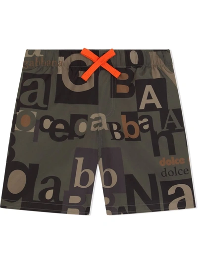 Dolce & Gabbana Kids' Boxer Swimsuit With All Over Logo In Khaki
