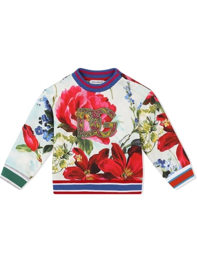 Dolce & Gabbana Babies' Floral-print Appliqué-logo Sweatshirt In White