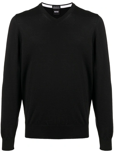 Hugo Boss V-neck Sweater In Organic Cotton With Embroidered Logo In Black
