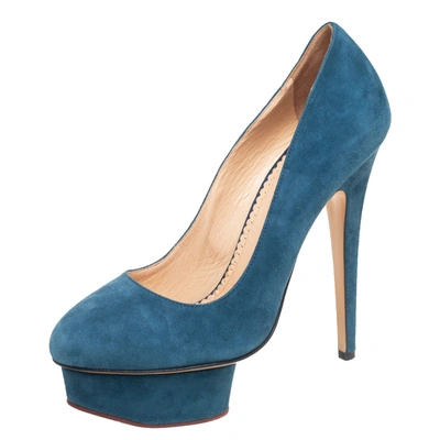Pre-owned Charlotte Olympia Teal Blue Suede Dolly Platform Pumps Size 38
