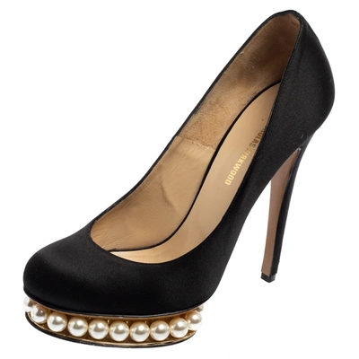 Pre-owned Nicholas Kirkwood Black Satin Casati Faux Pearl Platform Pumps Size 38