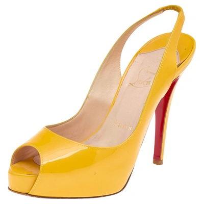 Pre-owned Christian Louboutin Yellow Patent Leather Peep Toe Platform Slingback Sandals Size 36