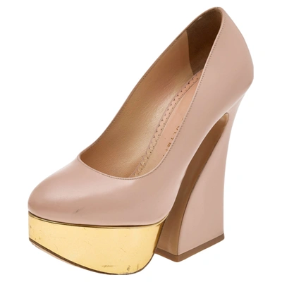 Pre-owned Charlotte Olympia Beige Leather Platform Pumps Size 35.5