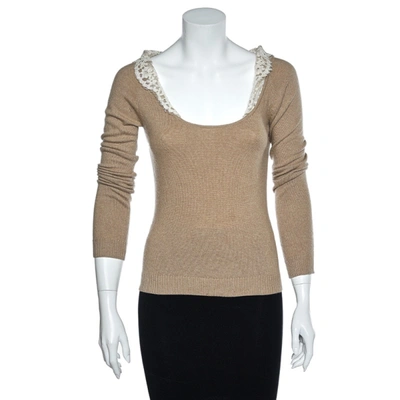 Pre-owned Valentino Vintage Beige Wool & Cashmere Lace Trim Detail Top S In Brown