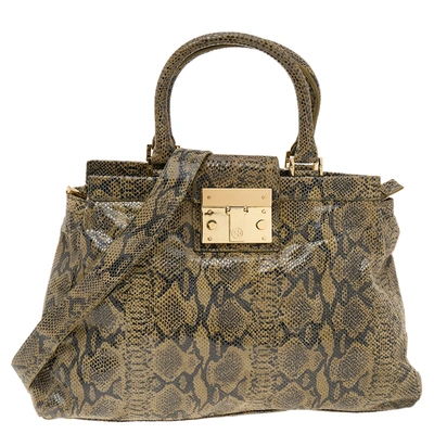 Pre-owned Tory Burch Olive Green/black Python Embossed Leather Satchel