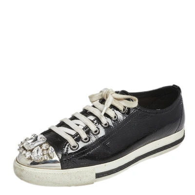 Pre-owned Miu Miu Black Patent Leather Crystal Embellished Low Top Sneakers Size 37.5