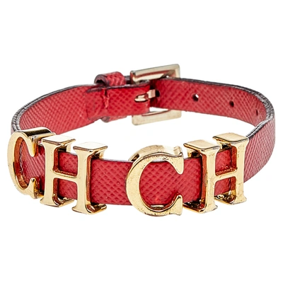 Pre-owned Ch Carolina Herrera Red Leather Logo Charm Wrap Bracelet
