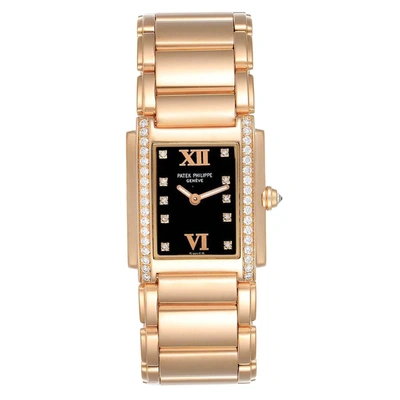 Pre-owned Patek Philippe Black Diamonds 18k Rose Gold Twenty-4 4910 Women's Wristwatch 25 X 30 Mm