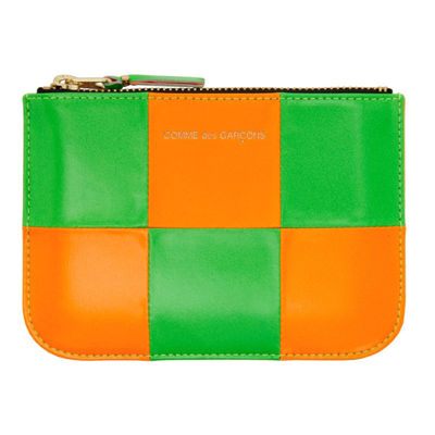 Comme Des Garçons Green & Orange Fluo Squares Zip Pouch Card Holder In Orange/ Green