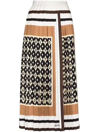 Valentino Geometric-print Pleated Silk Skirt In Neutrals