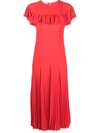 PHILOSOPHY DI LORENZO SERAFINI PLISSE RUFFLE-SHOULDER MIDI DRESS