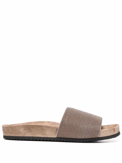 Brunello Cucinelli Precious Taupe Slides In Suede In Brown