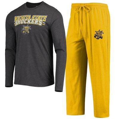 CONCEPTS SPORT CONCEPTS SPORT YELLOW/HEATHERED CHARCOAL WICHITA STATE SHOCKERS METER LONG SLEEVE T-SHIRT & PANTS SL
