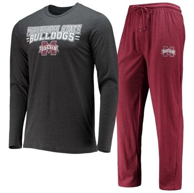 Concepts Sport Maroon/heathered Charcoal Mississippi State Bulldogs Meter Long Sleeve T-shirt & Pant In Maroon,heathered Charcoal