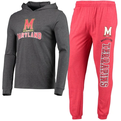 Concepts Sport Red/heather Charcoal Maryland Terrapins Meter Long Sleeve Hoodie T-shirt & Jogger Paj In Red,heathered Charcoal