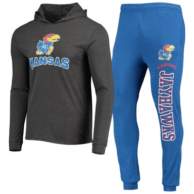 Concepts Sport Royal/heather Charcoal Kansas Jayhawks Meter Long Sleeve Hoodie T-shirt & Jogger Paja In Royal,charcoal