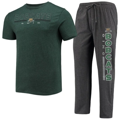 Concepts Sport Men's  Heathered Charcoal, Green Distressed Ohio Bobcats Meter T-shirt And Pants Sleep In Heathered Charcoal,green