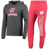 Concepts Sport Red/heather Charcoal Wisconsin Badgers Meter Long Sleeve Hoodie T-shirt & Jogger Paja In Red