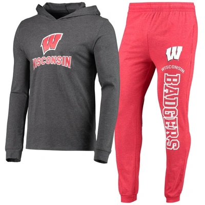 CONCEPTS SPORT CONCEPTS SPORT RED/HEATHER CHARCOAL WISCONSIN BADGERS METER LONG SLEEVE HOODIE T-SHIRT & JOGGER PAJA
