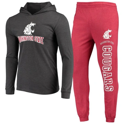 Concepts Sport Crimson/charcoal Washington State Cougars Meter Long Sleeve Hoodie T-shirt & Jogger P In Crimson,charcoal