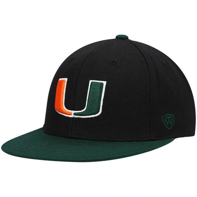 Top Of The World Men's Black And Green Miami Hurricanes Team Color Two-tone Fitted Hat In Black,green
