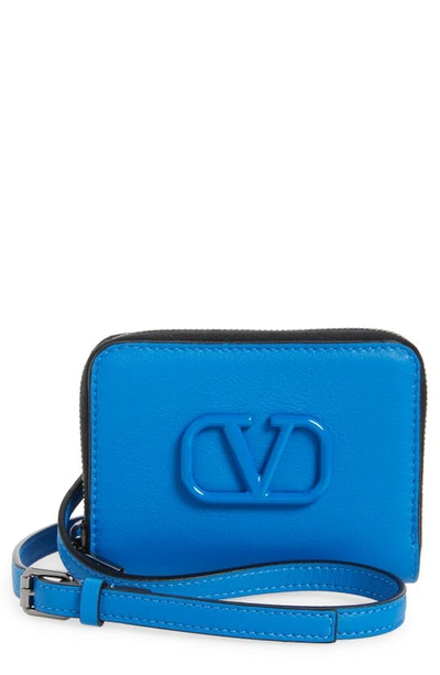 Valentino Garavani Vlogo Zip Leather Wallet With Lanyard In Bermuda Blue