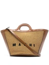 Marni Two-tone Leather And Raffia Small Tropicalia Summer Handbag In Brown