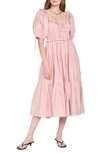 En Saison Poplin Puff-sleeve Tiered Midi Dress In Pink
