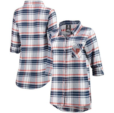 Concepts Sport Women's Navy, Orange Chicago Bears Accolade Flannel Long Sleeve Button-up Nightshirt In Navy,orange