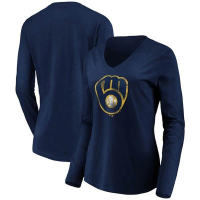 Fanatics Women's Navy Milwaukee Brewers Official Logo Long Sleeve V-neck T-shirt