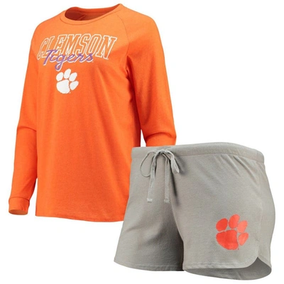 Concepts Sport Women's Orange, Gray Clemson Tigers Raglan Long Sleeve T-shirt And Shorts Sleep Set In Orange,gray