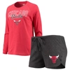 Concepts Sport Heathered Black/heathered Red Chicago Bulls Raglan Long Sleeve T-shirt & Shorts Sleep In Heather Black