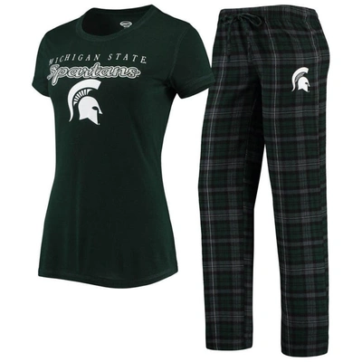 Concepts Sport Women's Green And Black Michigan State Spartans Lodge T-shirt And Flannel Pants Sleep Set In Green,black