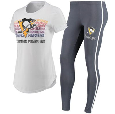 Concepts Sport Women's White, Charcoal Pittsburgh Penguins Sonata T-shirt And Leggings Set In White,charcoal