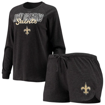 Concepts Sport Women's Black New Orleans Saints Meter Knit Long Sleeve Raglan Top And Shorts Sleep Set