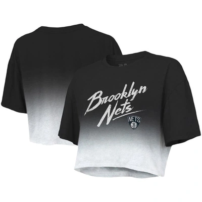 Majestic Women's  Threads Black And White Brooklyn Nets Dirty Dribble Tri-blend Cropped T-shirt In Black,white