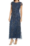 Pisarro Nights Embellished Mesh Gown In Deep Petrol