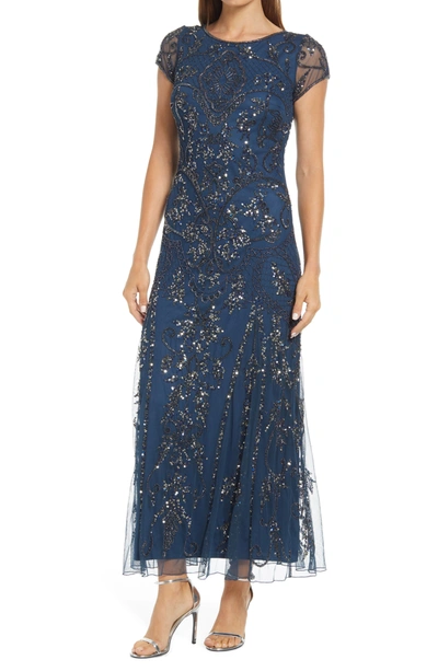 Pisarro Nights Embellished Mesh Gown In Deep Petrol