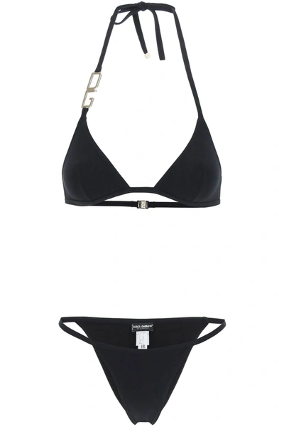 Dolce & Gabbana Black Logo-plaque Halterneck Bikini Set
