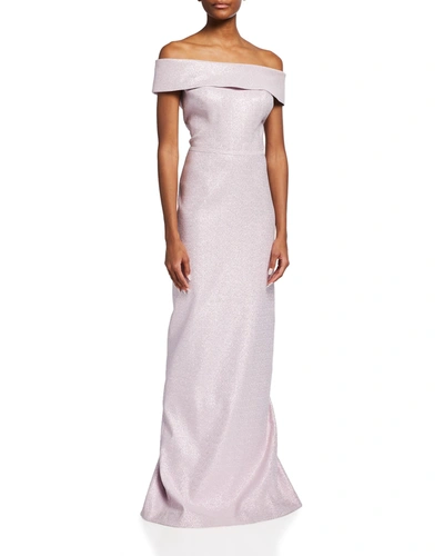 Rickie Freeman For Teri Jon Off-shoulder Metallic Column Gown In Rose Gold