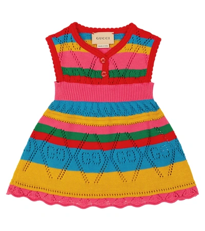 Gucci Baby Gg条纹网眼针织棉质连衣裙 In Multicolor